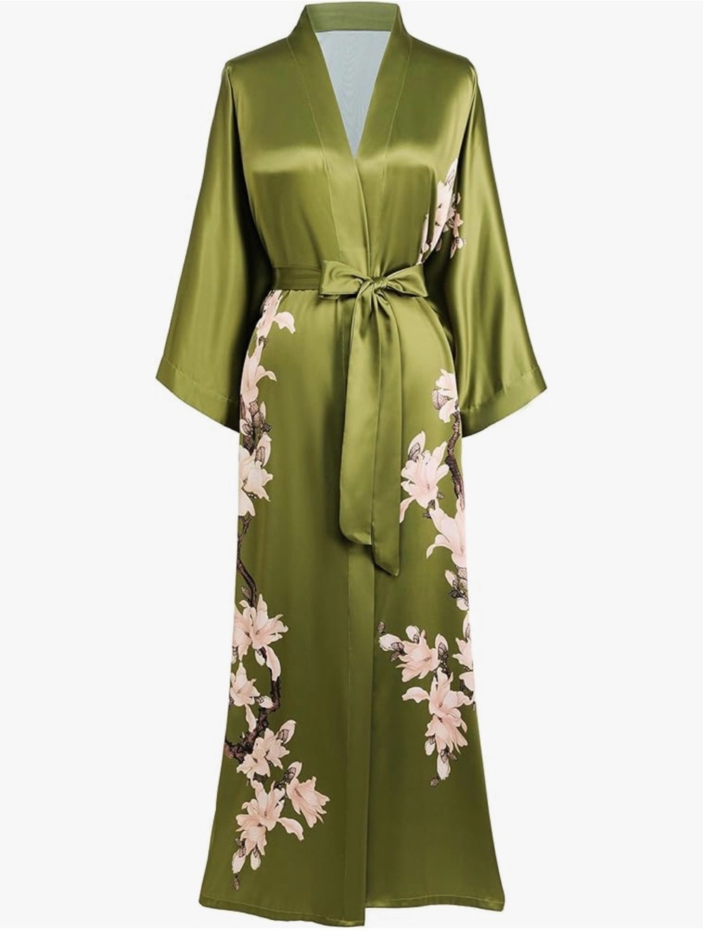 Babebeyond Olive Green Satin Floral Long Kimono/Robe